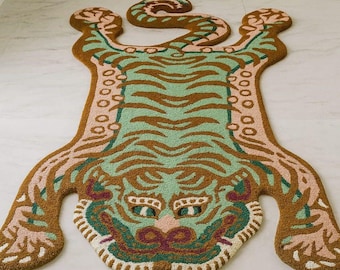 Hand Tufted Green Tibetan Tiger Rug, Maximalist Funky Animal Shape Area Rug, Eclectic Boho Aesthetic Room Decor, Unique Accent Carpet