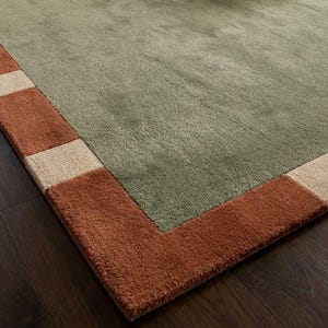 May include: A rectangular area rug with a sage green center and a border of alternating rust and beige rectangles. The rug is made of a soft, plush material, and is placed on a dark wood floor.
