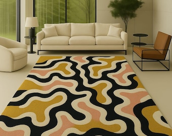 Modern Abstract Hand Tufted Wool Rug  Mid Century Wavy Pattern Area Rug, Contemporary Living Room Carpet, Geometric Art Floor Rug