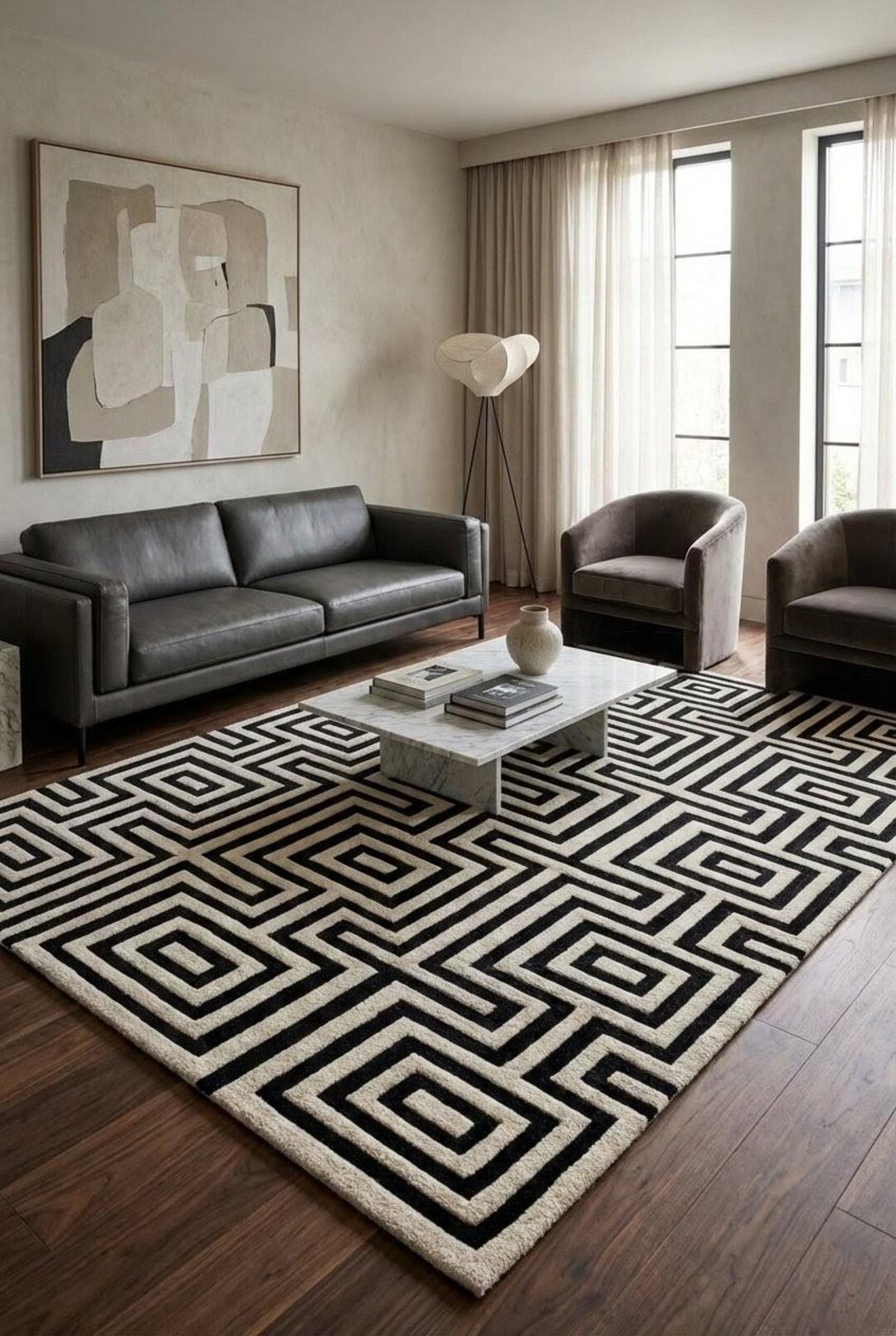 High Low Rug Black and White High Low Pile Geometric Rug, Modern Maze Pattern Hand ...