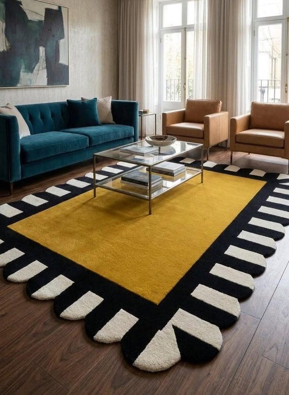 Hand Tufted Wool Scalloped Rug, Modern Geometric Area Rug, Mustard Yellow Black Ivory Rug, Designer Accent Rug, Custom Size Rug 8x10