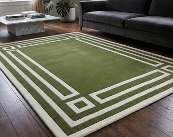 Olive Green Hand Tufted Rug, Modern Border Area Rug, Geometric Wool Carpet, Luxury Living Room Rug, Custom Size Decor 8x10 9x12