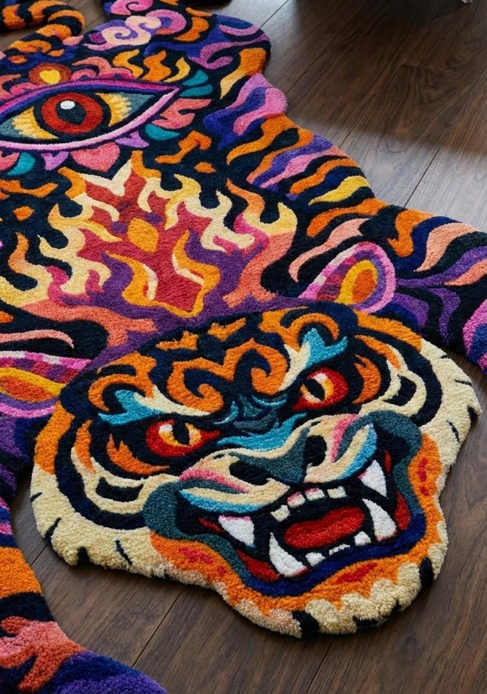 Tiger Shape Rug Tiger Shaped Hand Tufted Rug Bold Psychedelic Skull Design Colorful ...
