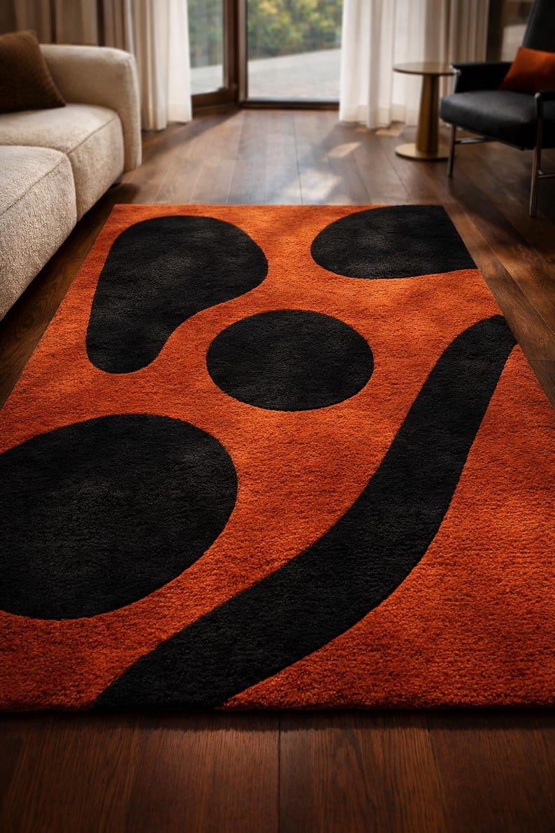 Modern Abstract Area Rug Rust Orange & Black Geometric Pattern Carpet ...