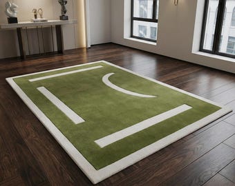 Hand Tufted Wool Rug, Modern Green Geometric Area Rug, Minimalist Abstract Carpet, Contemporary Living Room Decor Custom Size Rug 8x10 9x12