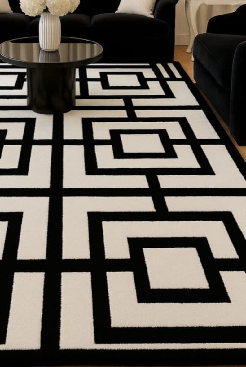 Monochrome Patterned Rug Modern Black and White Geometric Area Rug Luxury Hand-tufted ...