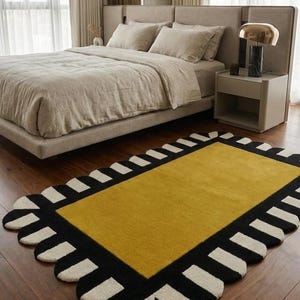 Hand Tufted Wool Scalloped Rug, Modern Geometric Area Rug, Mustard Yellow Black Ivory Rug, Designer Accent Rug, Custom Size Rug 8x10 image 3