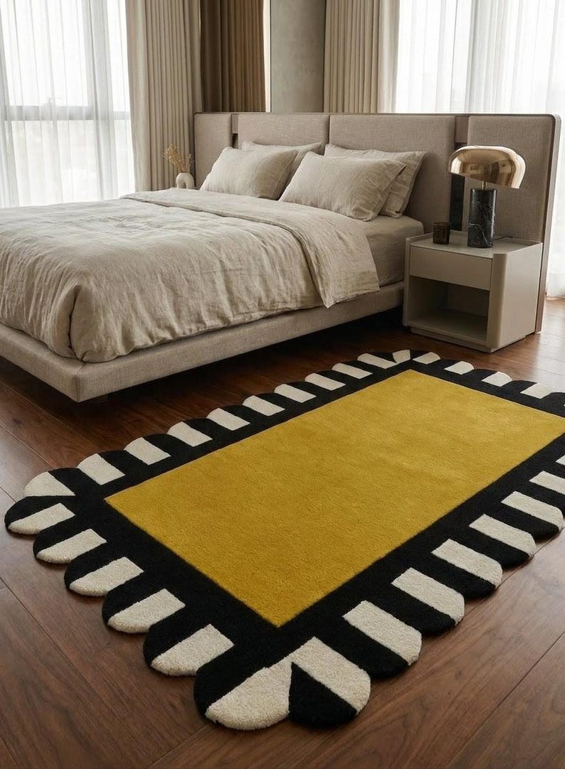 Hand Tufted Wool Scalloped Rug, Modern Geometric Area Rug, Mustard Yellow Black Ivory Rug, Designer Accent Rug, Custom Size Rug 8x10 image 3
