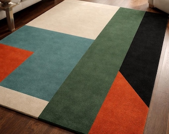 Modern Geometric Hand Tufted Wool Rug Abstract Color Block Area Rug Contemporary Living Room Carpet Designer Floor Rug