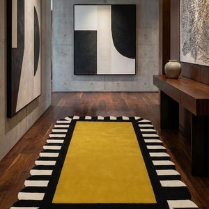 Hand Tufted Wool Scalloped Rug, Modern Geometric Area Rug, Mustard Yellow Black Ivory Rug, Designer Accent Rug, Custom Size Rug 8x10 image 5