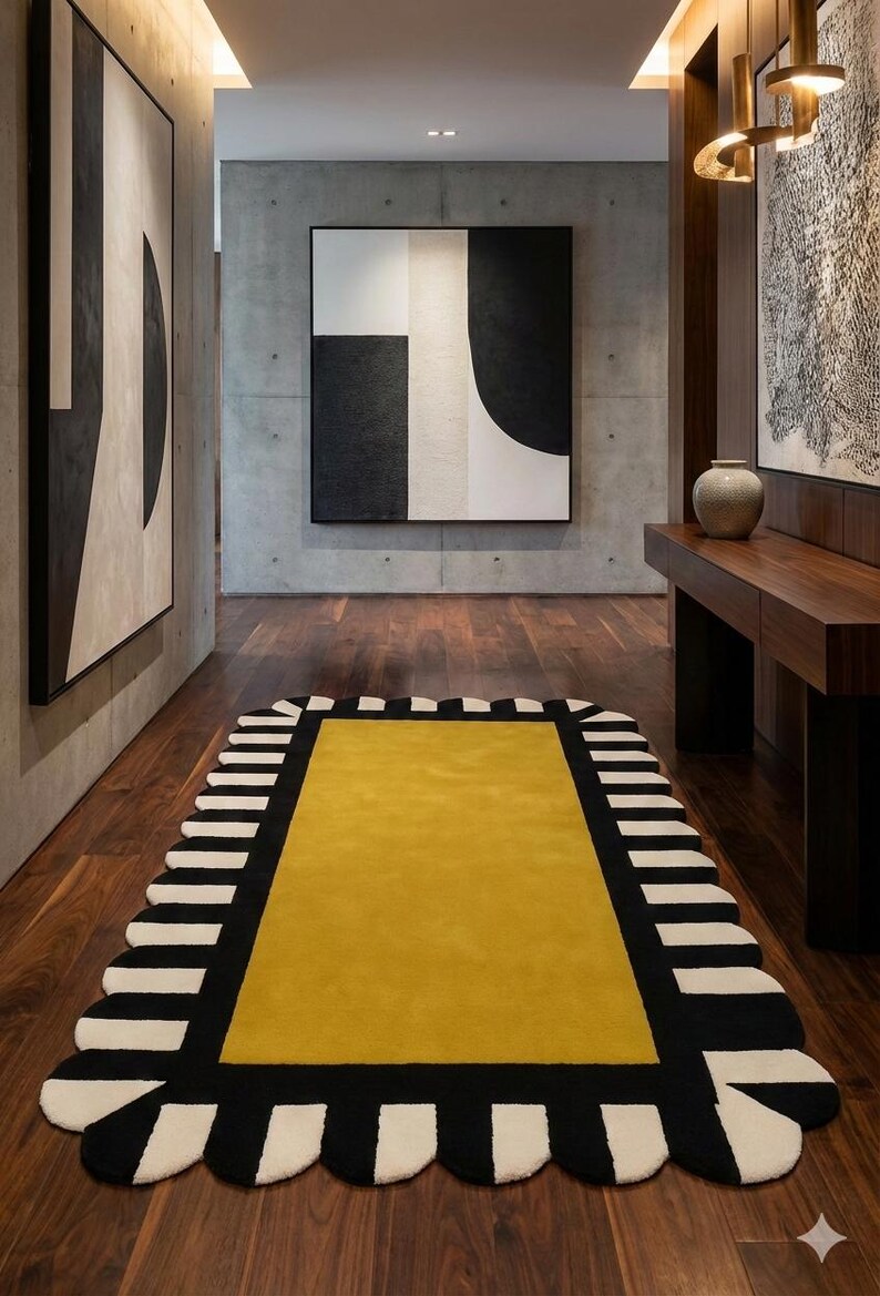Hand Tufted Wool Scalloped Rug, Modern Geometric Area Rug, Mustard Yellow Black Ivory Rug, Designer Accent Rug, Custom Size Rug 8x10 image 5