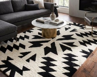 Black & White Geometric Area Rug, Boho Tribal Southwestern Tufted Shag Carpet, Modern Aztec Living Room Bedroom Rug Custom Size 8x10 Rug