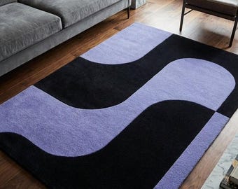 Hand Tufted Wavy Abstract Rug, Black and Purple Geometric Area Rug, Retro Mid Century Modern Funky Accent Carpet Custom Size 8x10 Rug