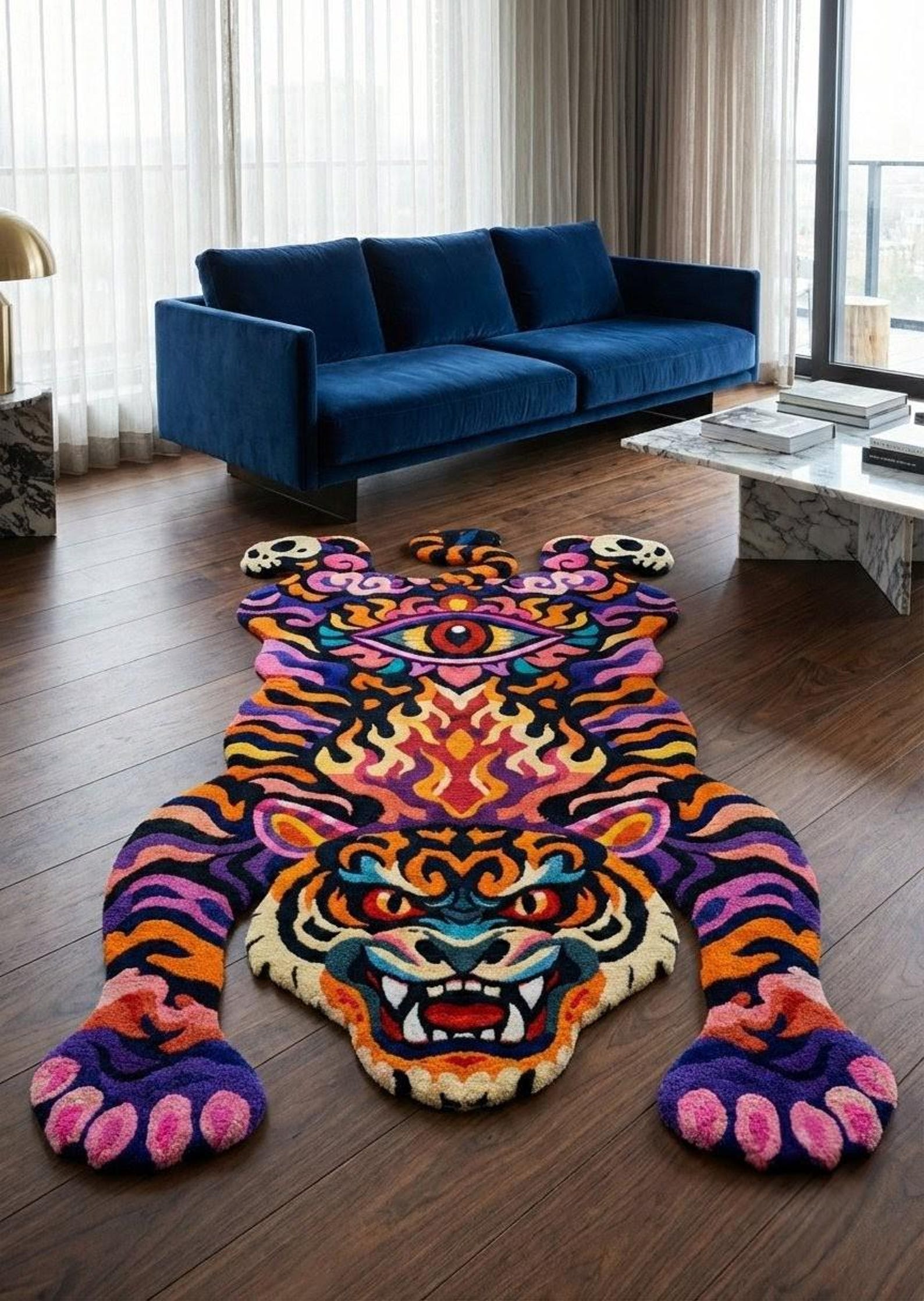 Tiger Shape Rug Tiger Shaped Hand Tufted Rug Bold Psychedelic Skull Design Colorful ...