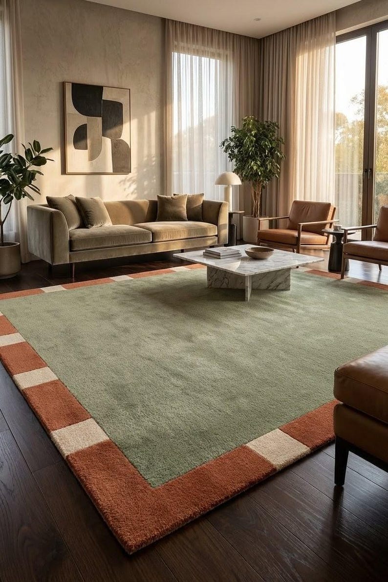 Sage Green Hand Tufted Wool Rug Terracotta Geometric Border MidCentury Modern Minimalist Area Rug for Living Room Bedroom Custom Carpet 8x10 image 1