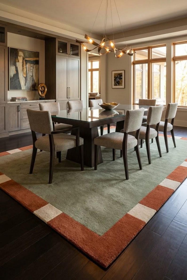Sage Green Hand Tufted Wool Rug Terracotta Geometric Border MidCentury Modern Minimalist Area Rug for Living Room Bedroom Custom Carpet 8x10 image 3