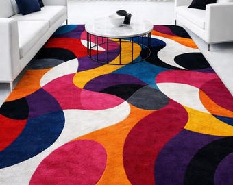 Modern Abstract Hand Tufted Rug Colorful Wave Pattern Wool Area Rug Contemporary Geometric Designer Carpet for Living Room Bedroom HomeDecor