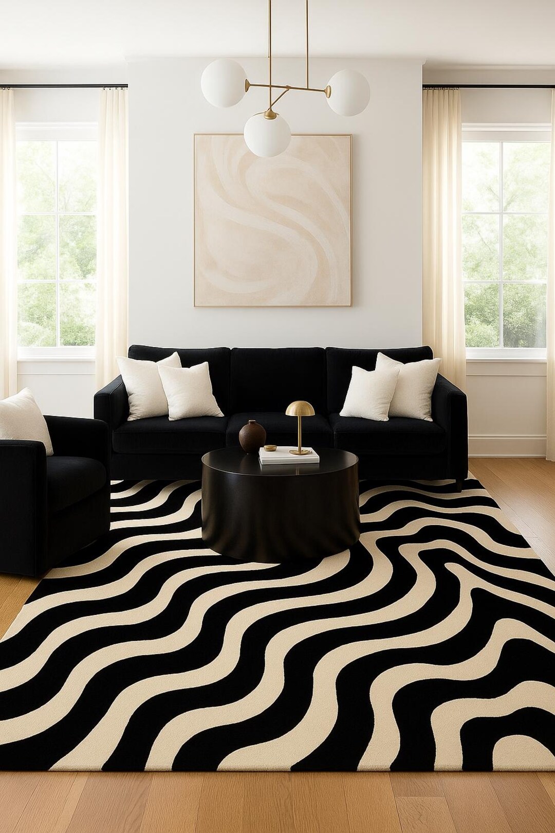 Hand Tufted Wool Rug Modern Wavy Pattern Rug Black Cream Abstract Area ...