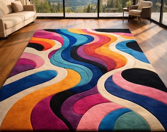 Hand Tufted Abstract Area Rug  Colorful Modern Wavy Design Wool Carpet for Living Room Bedroom Contemporary Home Decor 8x10 Custom Size Rug