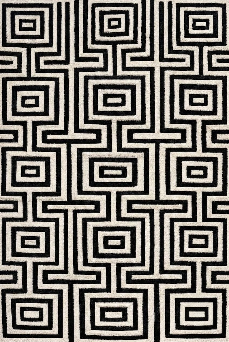Raised Pattern Rugs Black and White High Low Pile Geometric Rug, Modern Maze Pattern Hand ...