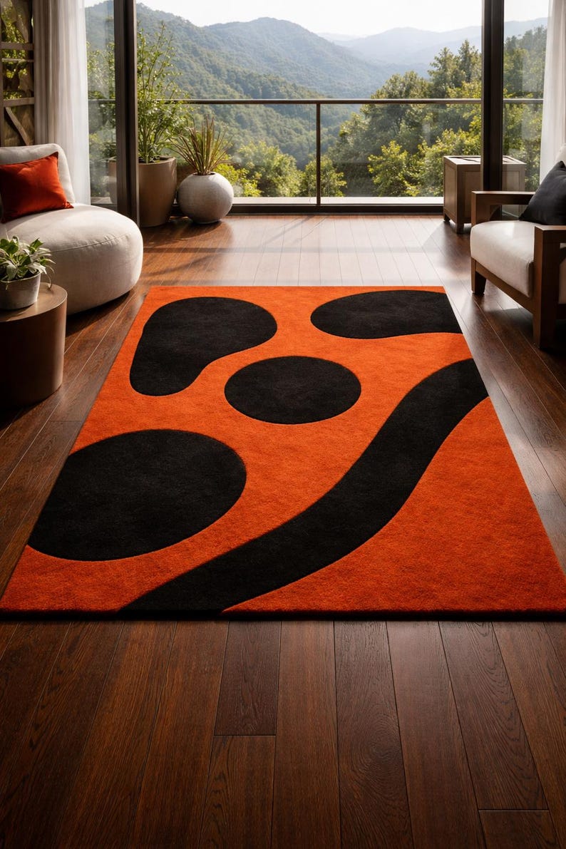 Modern Abstract Area Rug Rust Orange & Black Geometric Pattern Carpet ...
