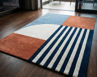 Modern Abstract Geometric Hand Tufted Wool Rug Designer Area Rug for Living Room Bedroom Contemporary Statement Floor Rug