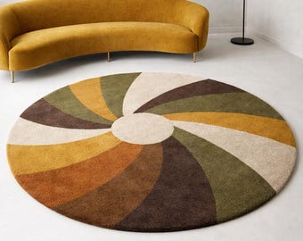 Retro 70s Swirl Round Rug, Hand Tufted Wool Circular Area Rug, Earth Tone Mid Century Modern Boho Decor, Olive Green Mustard Brown Rug 5×5