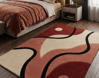 Alfombra abstracta de lana tejida a mano, alfombra geométrica moderna, alfombra contemporánea para sala de estar, decoración de piso para dormitorio, alfombra de diseño llamativa 8x10