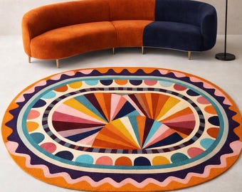 Bunter abstrakter ovaler Teppich, handgetufteter moderner Geometrischer Teppich, Boho Statement Teppich für Wohnzimmer Schlafzimmer Dekor