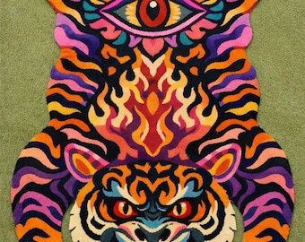 Alfombra con forma de tigre, hecha a mano, con un atrevido diseño psicodélico de calavera, colorida y moderna, para sala de estar.