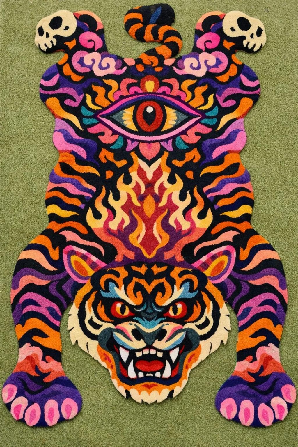Tiger Shape Rug Tiger Shaped Hand Tufted Rug Bold Psychedelic Skull Design Colorful ...