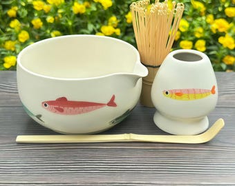 Conjunto de Tigela de Matcha de Cerâmica com Peixes do Mar (Pré-encomenda), Tigela de Matcha Grande com Formato de Peixe, Presente de Aniversário, Tigela de Matcha Personalizada, Conjunto de Tigela de Matcha, 500ml