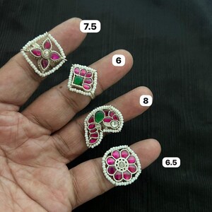Sterling Silver Boho Gemstone Ring, Indian Kundan Ring with Pearl, Ruby Emerald Statement Ring, Antique Silver Pink Floral Ring Gift For Her