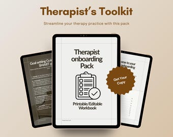 May include: A digital product advertisement for the Therapist's Toolkit. The image features three tablets displaying the text "Therapist onboarding Pack" and "Printable/Editable Workbook". The text "Get Your Copy" is on a brown starburst. The background is a light brown color.