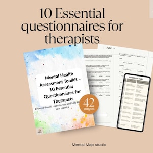 May include: Image of a toolkit for therapists, including a booklet titled "Mental Health Assessment Toolkit - 10 Essential Questionnaires for Therapists". A smartphone displays a reference table. The booklet has 42 pages.
