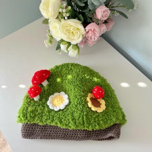 Cute Green Whimsical Mushroom Crochet Beanie, Cottagecore Style Hat, Soft Forest Floral Hat, Winter Headwear, Hand-made gift