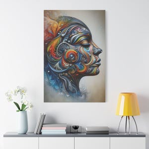 Colorful Abstract Face Painting on Stretched Canvas - Unique Home Decor