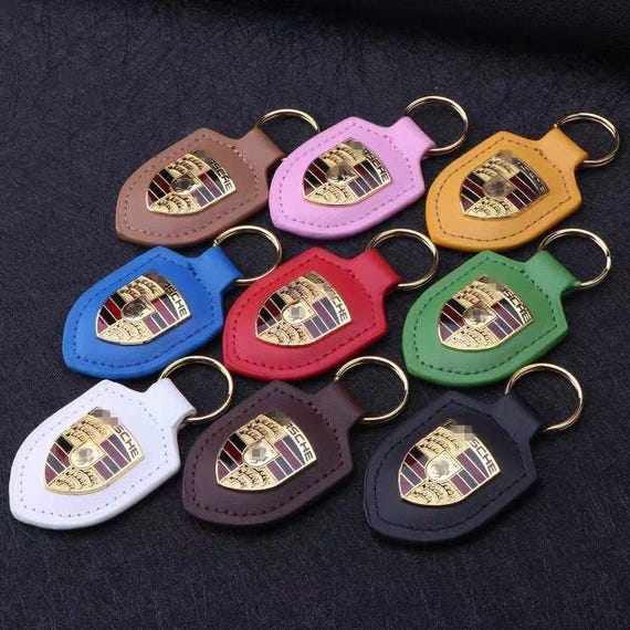 Porsche Leather Keychain | Vintage Metal Crest Key Holder | Auto Accessories Gift