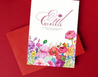 Biglietto di auguri floreale per l'Eid, auguri colorati e moderni per le festività musulmane, formato A6/A7, messaggio islamico luminoso ed espressivo.