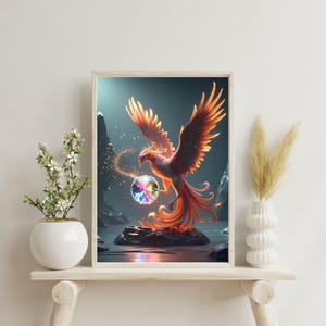 Fiery Phoenix with Rainbow Gemstone Wall Art, Mythical Creature Print, Fantasy Decor, Digital Download, Magical Bird Art