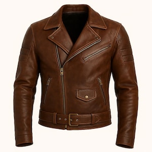 Könnte beinhalten: Braune Lederjacke im klassischen Biker-Stil. Die Jacke hat einen Reverskragen, einen asymmetrischen Reißverschluss, mehrere Reißverschlusstaschen und einen Taillengürtel. Die Ärmel haben gepolsterte Details und die Jacke ist aus glattem Leder gefertigt.