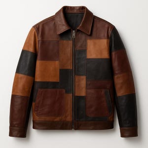 Könnte beinhalten: Patchwork-Lederjacke in Braun- und Schwarztönen. Die Jacke hat einen Kragen, einen Frontreißverschluss und zwei Vordertaschen. Das Design besteht aus rechteckigen Lederflicken in verschiedenen Farben.