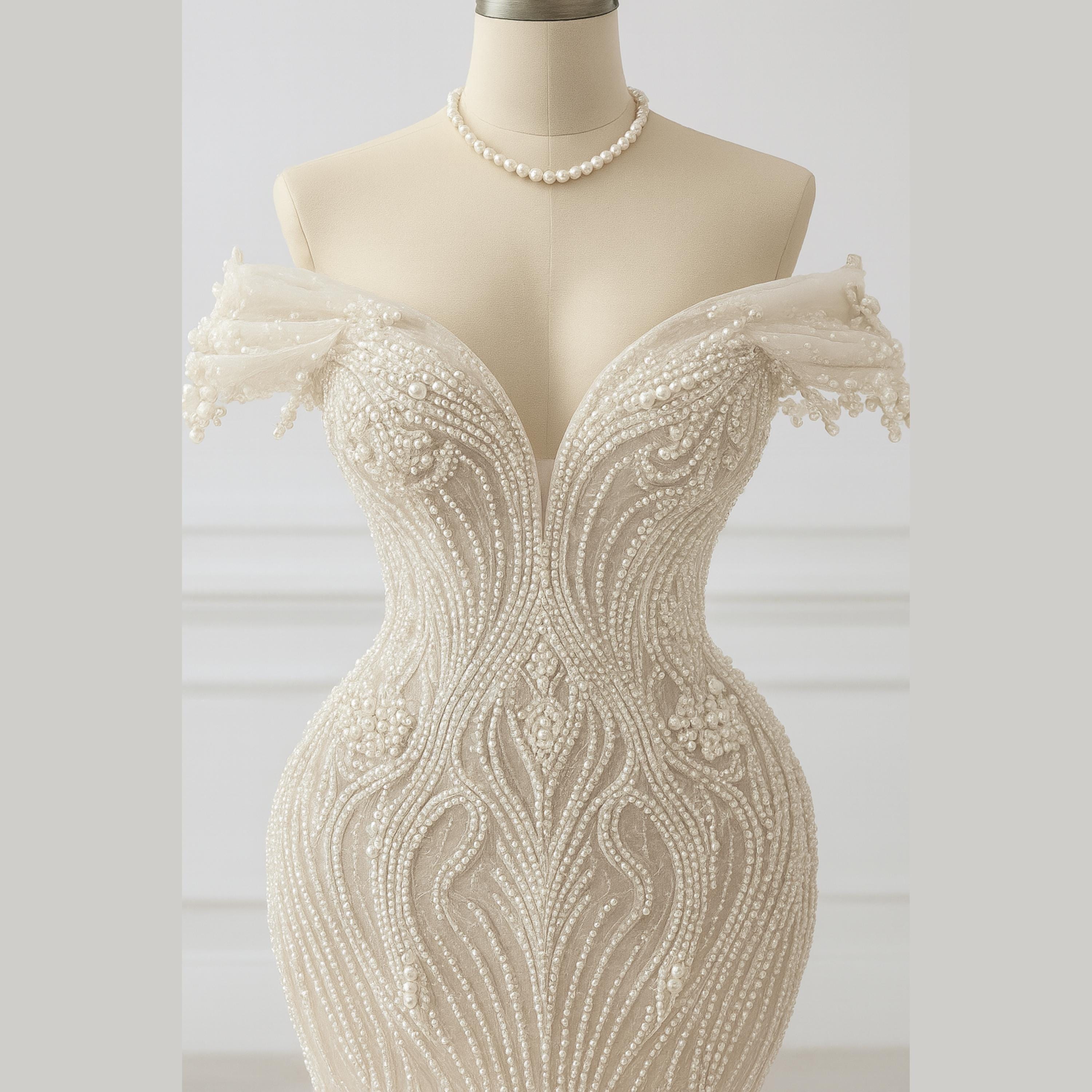Off-Shoulder Beaded Embroidery Floral Embellished Mermaid Wedding Dress main image 0