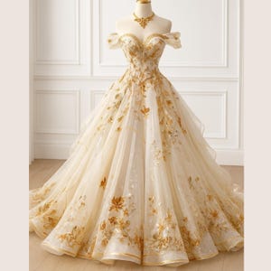 Gold Floral Wedding Dress, Off-Shoulder Tulle Lace Applique Ball Gown