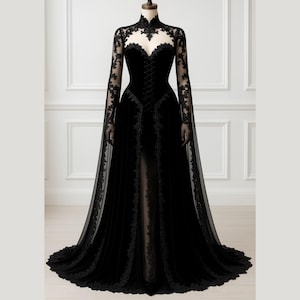 Black Gothic Wedding Dress , Long Sleeve Lace Bridal Gown with Cape