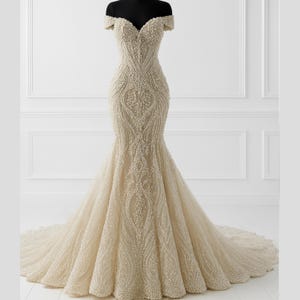 Champagne Beaded Lace Mermaid Wedding Dress, Elegant Off-Shoulder Bridal Gown