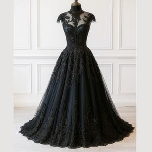 Black Gothic Wedding Ball Gown, Lace Tulle Illusion Neckline
