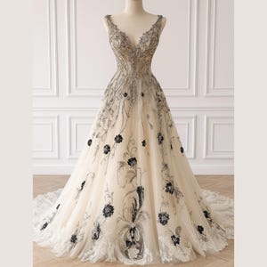 Black Embroidered Ivory Wedding Dress – Gothic Lace Bridal Gown | Vintage-Inspired Tulle Wedding Dress for Modern Brides