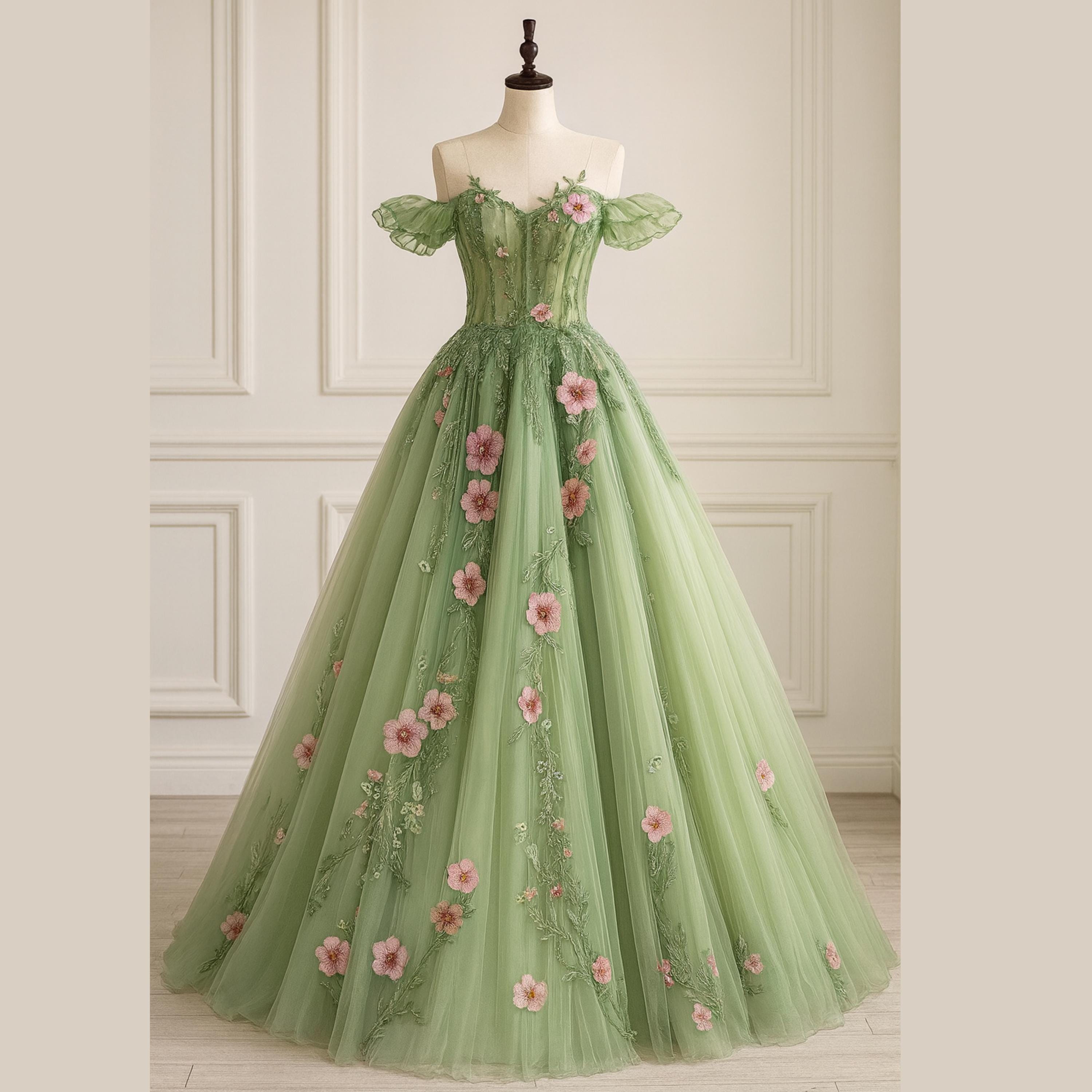 Hand Embroidered Green Tulle Gown