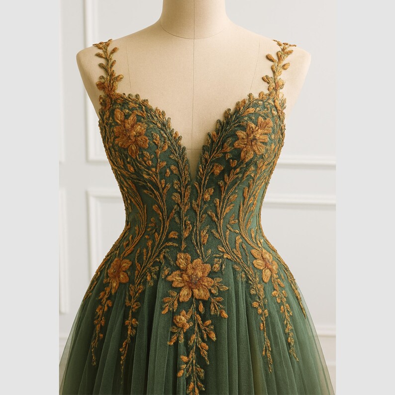 One-Shoulder Glitter Tulle Gown with Lace-Up Back Emerald main image 1